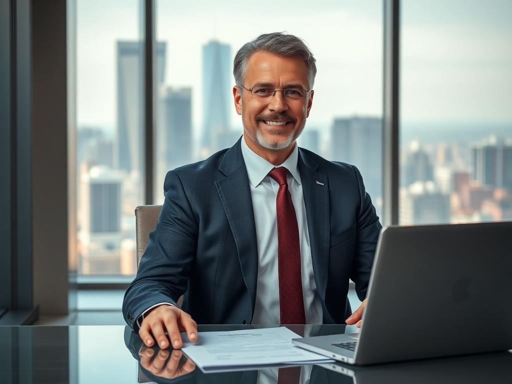 A professional-looking middle-aged man in a suit, sitting at a modern office desk with a laptop and paperwork, exuding confidence and trust. The background features a sleek office with a cityscape view through large windows, emphasizing a corporate environment. The lighting is bright and inviting, creating a sense of professionalism.