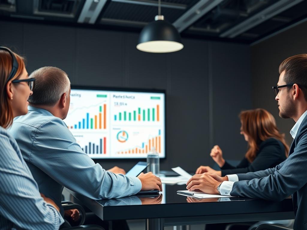 A professional team in a conference room, discussing financial strategies