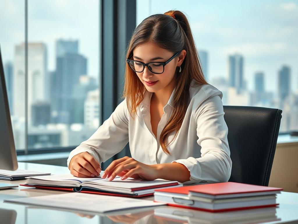 A corporate secretary at a desk, organizing files and documents
