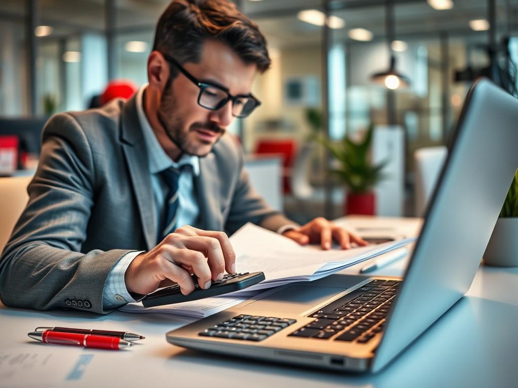 A close-up shot of a professional accountant working on payroll calculations, with a laptop open displaying payroll software. The accountant is focused and engaged, surrounded by paperwork and a calculator. The background shows a modern office setting with soft lighting, emphasizing a clean and organized workspace. The color palette should include accents of bright red, in line with the company's branding.