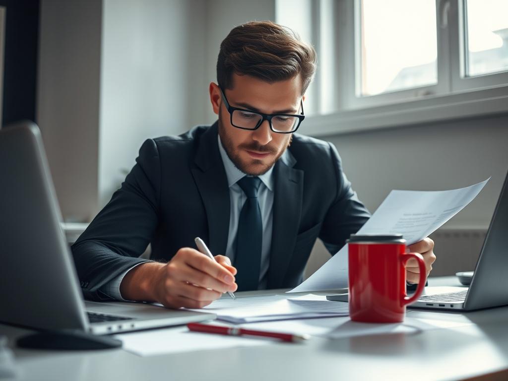 A hyper-realistic, close-up shot of a business professional reviewing documents on a desk, with a laptop and a cup of coffee nearby. The setting is an office environment with natural light coming in from a window, highlighting the professional's focused expression. The color palette should incorporate shades of black and bright red, reflecting a modern corporate aesthetic. The background should be softly blurred to emphasize the subject and the desk items.