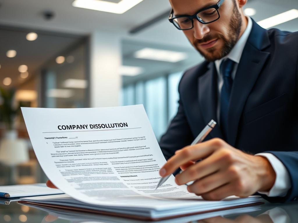 A hyper-realistic close-up shot of a business professional reviewing documents related to company dissolution, with a focused expression. The background features a modern office setting with a clean and corporate aesthetic. The lighting is bright and inviting, emphasizing the professionalism of the scene. The subject is dressed in formal attire, holding a pen and pointing at the documents, conveying action and expertise.