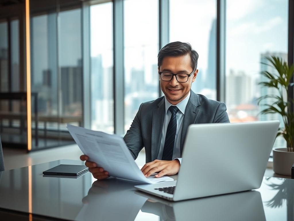 A professional business consultant sitting at a modern desk, reviewing incorporation documents with a laptop open in front of them. The background shows a sleek office space, with a cityscape view of Singapore or Kuala Lumpur through a large window. The lighting is bright and inviting, emphasizing a clean and modern aesthetic. The consultant is focused and looks trustworthy, demonstrating expertise and professionalism.