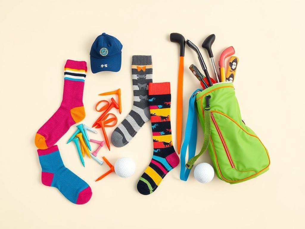 A collection of unique golf accessories displayed on a clean, minimalistic background, showcasing colorful golf tees, funky socks, and vibrant golf bags. The items are arranged artistically to highlight their playful designs, with a subtle focus on the fun and social aspects of golf.