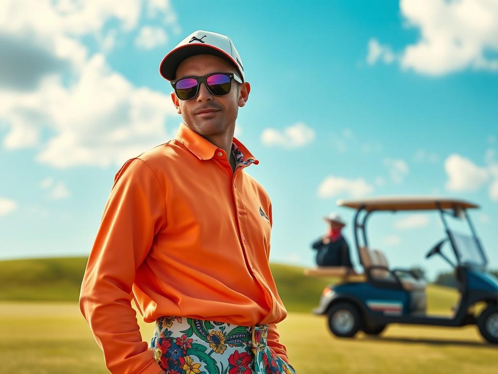 A golfer wearing vibrant, colorful apparel on a golf course, showcasing a playful and confident look. The background features a sunny day with a clear blue sky, green grass, and a golf cart nearby. The focus should be on the golfer's unique outfit, emphasizing bold colors and patterns, with a minimalistic composition that highlights the apparel.