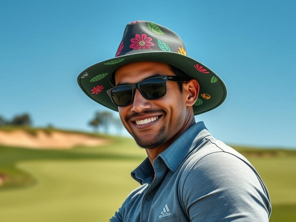 A stylish golfer wearing a statement hat while playing golf, surrounded by lush green fairways and vibrant blue skies. The hat features bold, eye-catching designs, and the golfer is smiling, exuding confidence and individuality. The composition is minimalistic, focusing on the hat and golfer while ensuring the background complements the scene.