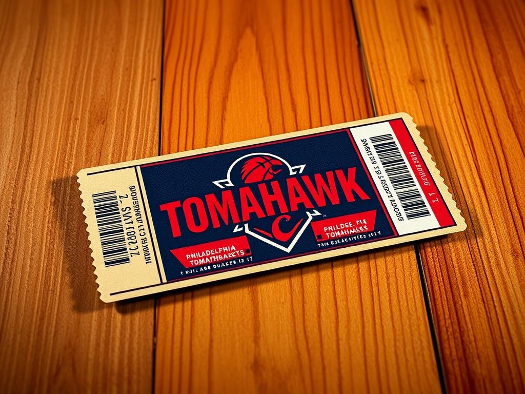 A high-resolution image of a basketball ticket with vibrant colors on a wooden basketball court background, showcasing the Philadelphia Tomahawks logo prominently. The lighting should highlight the ticket details, creating a compelling allure for the viewer.