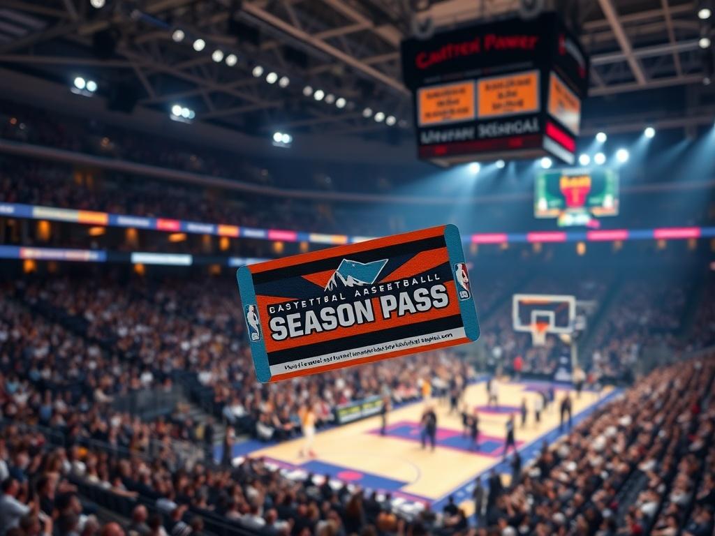 A high-resolution image of a season pass card set against a backdrop of a packed basketball stadium, with fans cheering and vibrant lights illuminating the scene. The pass should be displayed prominently, showcasing its design.