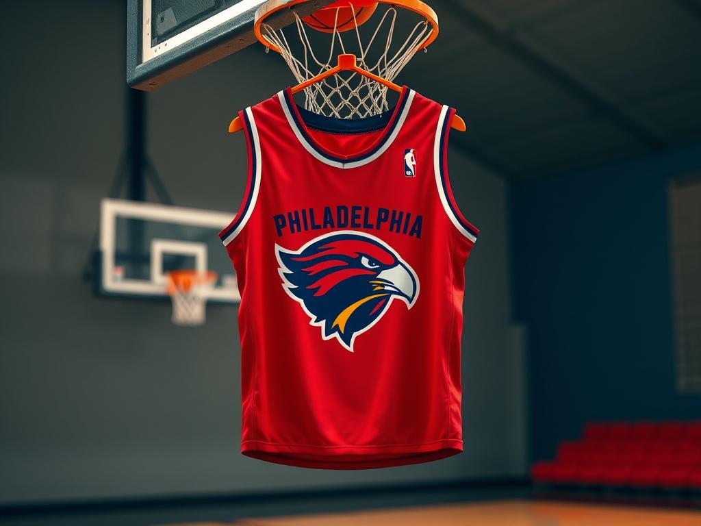 A high-resolution image of a stylish Philadelphia Tomahawks jersey hanging on a basketball hoop with a blurred basketball court in the background. The jersey should be vibrant and eye-catching, emphasizing the team logo.