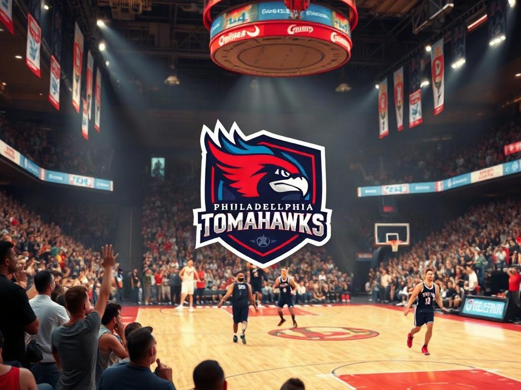A vibrant basketball arena filled with excited fans, showcasing the Philadelphia Tomahawks logo prominently. The court should be well-lit with a focus on the players in action, creating an energetic atmosphere. The background should depict cheering crowds with banners, and the overall composition should be lively and dynamic, capturing the essence of a thrilling basketball game.