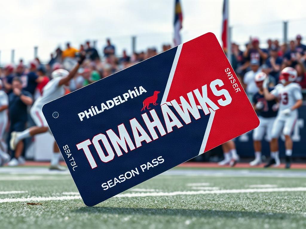 A close-up of a season pass for the Philadelphia Tomahawks, featuring bold colors and the team's branding. The background should include action shots of players during games, emphasizing the excitement of the season. The overall composition should convey a sense of belonging and commitment to the team.