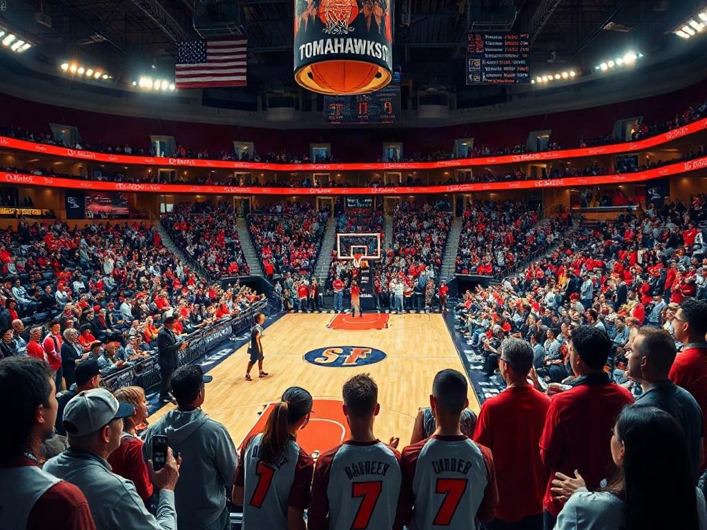 A scenic view of a basketball arena from a different city, filled with enthusiastic fans wearing Philadelphia Tomahawks merchandise. The atmosphere should depict excitement and anticipation, with the players on the court ready to compete. The composition should highlight the contrast of different venues while showcasing the spirit of traveling with the team.