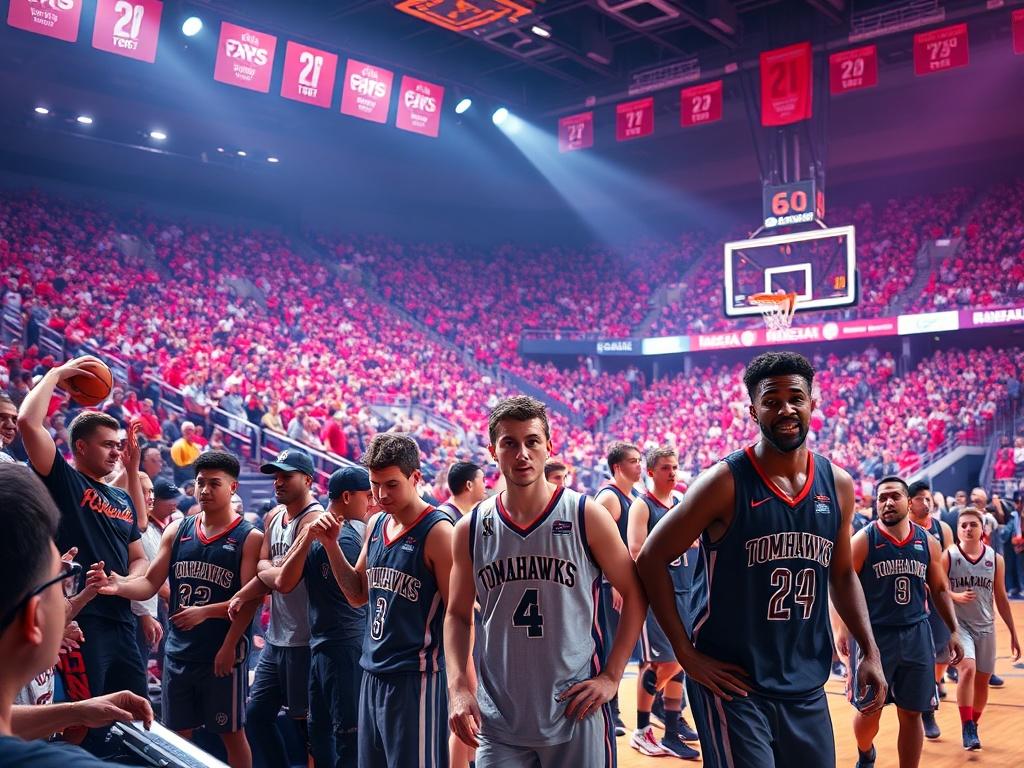A vibrant basketball game scene at a packed arena, showcasing enthusiastic fans and players in action. The focus is on the players in their Tomahawks uniforms, with a colorful crowd in the background. The arena is filled with dynamic lighting, emphasizing the excitement of the game. The image should capture the essence of a thrilling basketball match, with a strong emphasis on the energy and passion of the audience.