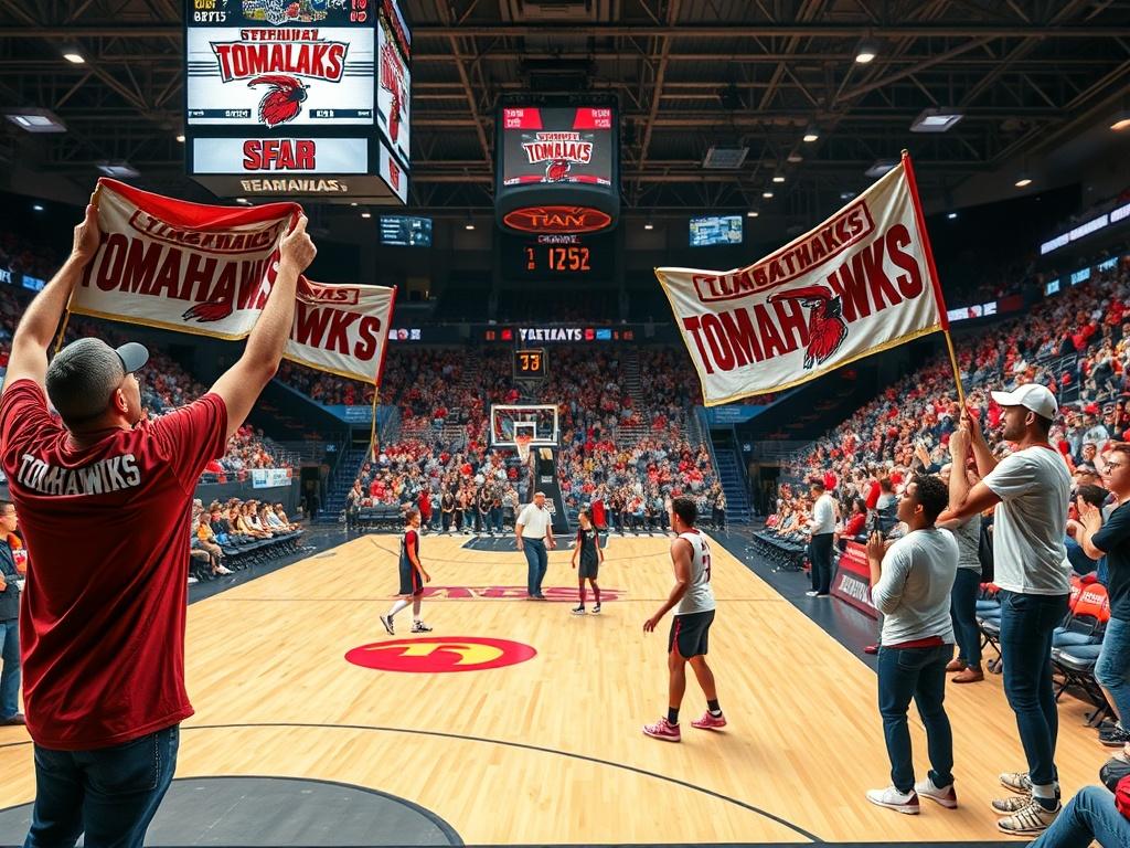 A dynamic scene of an away basketball game, showing passionate fans in Tomahawks gear supporting their team in an opposing arena. The focus is on the fans holding banners and cheering, with players in action on the court. The background captures the atmosphere of the game, with bright lights and a diverse crowd that reflects the excitement of a competitive matchup.