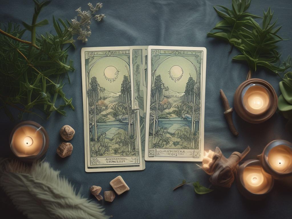 A serene tarot reading setup featuring a single, beautifully illustrated