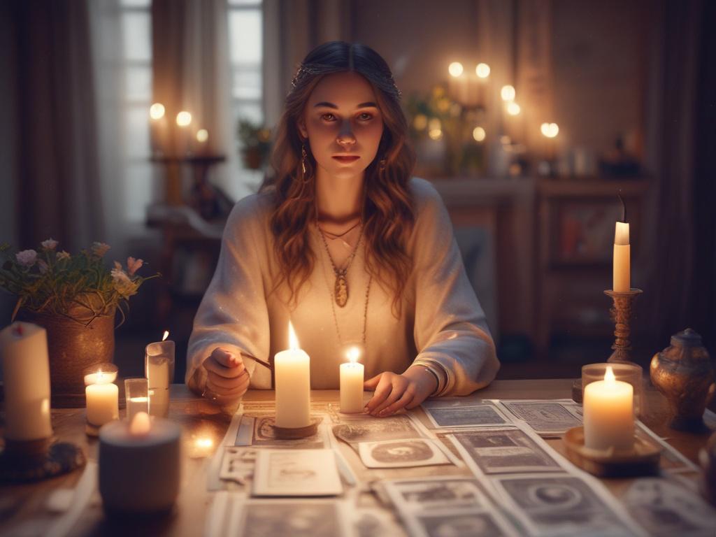 A serene setting featuring a tarot reader in a softly