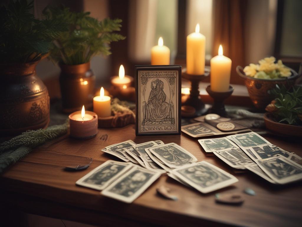A peaceful tarot reading setup, featuring a beautifully arranged tarot