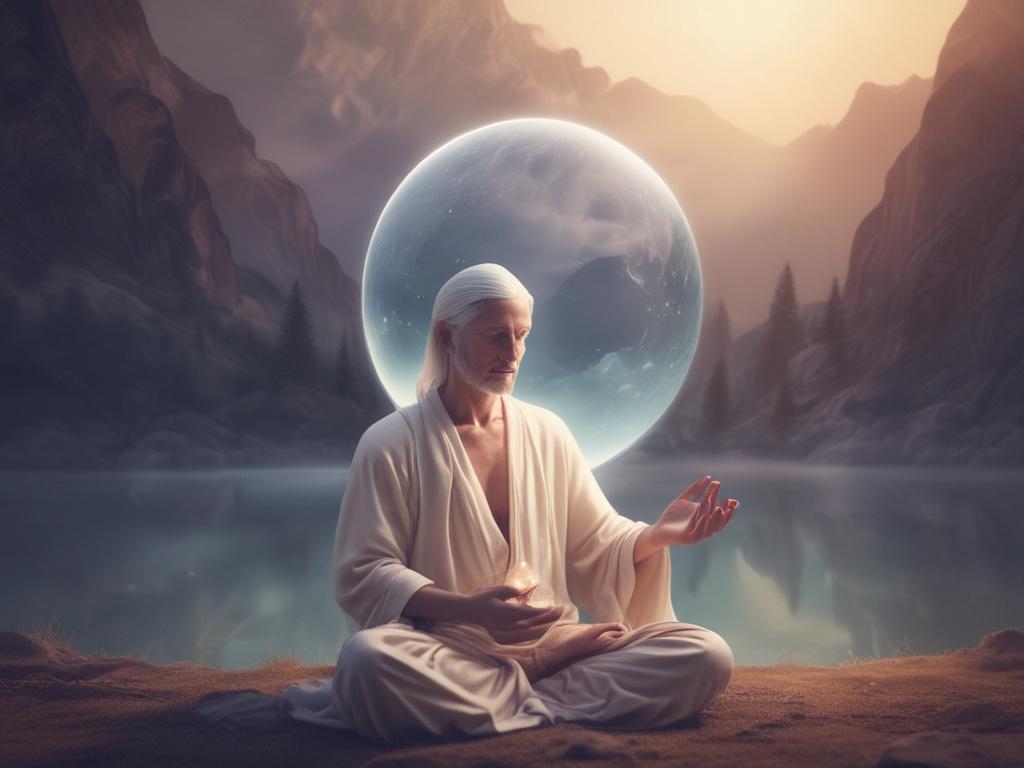 An ethereal scene depicting a spiritual guide in meditation, surrounded