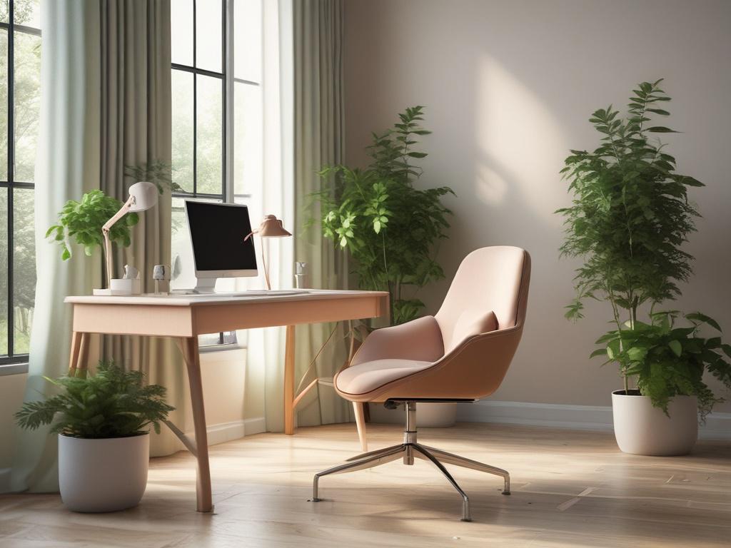 A serene workspace featuring a comfortable chair and a soft
