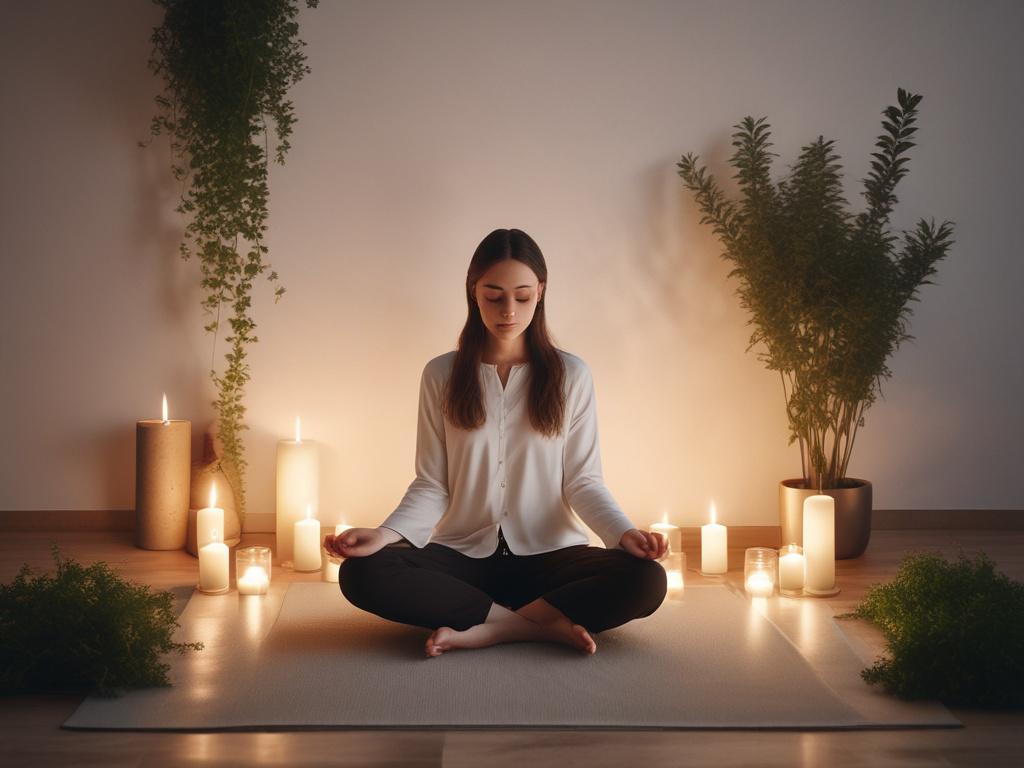 An individual practicing meditation in a tranquil, softly lit room