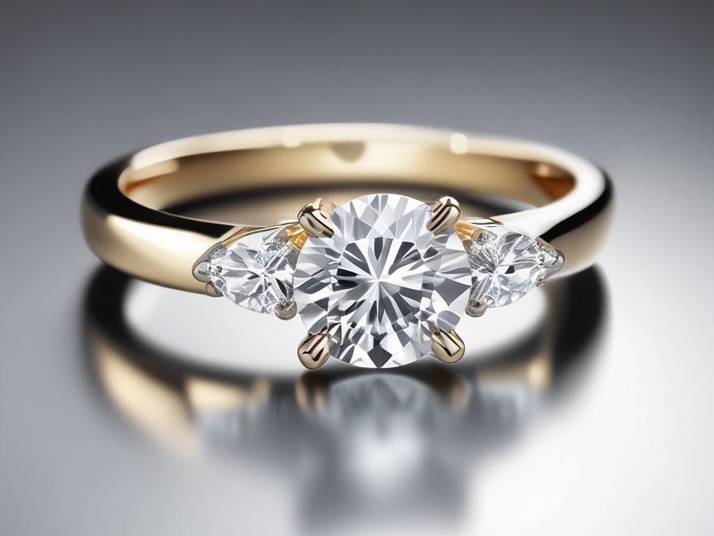 a hyper-glossy, realistic high-resolution image of a stunning ready-made diamond ring featuring a lab-grown diamond, with luminous highlights and ultra-shiny surfaces, set against a simple, elegant background that enhances the brilliance of the jewelry.