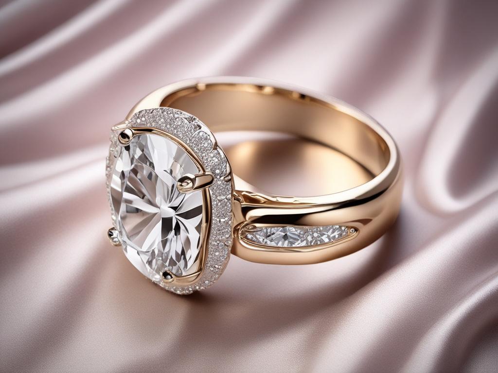 a beautiful diamond ring elegantly displayed on a luxurious satin fabric background, showcasing its brilliance and shine, with a soft and inviting lighting that highlights the diamond's facets and clarity