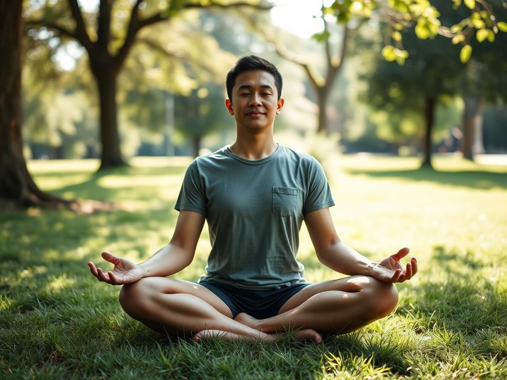 A calm and serene setting with an individual practicing mindfulness meditation outdoors. The subject sits cross-legged on a soft green grass, surrounded by nature, with trees and sunlight filtering through the leaves. The focus is on the person's peaceful expression, conveying a sense of tranquility. The background is softly blurred to emphasize the subject, captured in high resolution with a 45mm f/1.2 lens style.