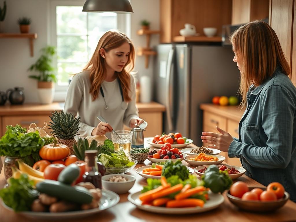 An inviting kitchen scene featuring a nutrition expert explaining meal options to a client. The focus is on a beautifully arranged table with fresh fruits, vegetables, and healthy dishes. The bright, natural light enhances the warmth of the environment, creating a welcoming atmosphere. The expert and client are engaged in conversation, showcasing a sense of collaboration and support. Captured in high resolution with a 45mm f/1.2 lens style.