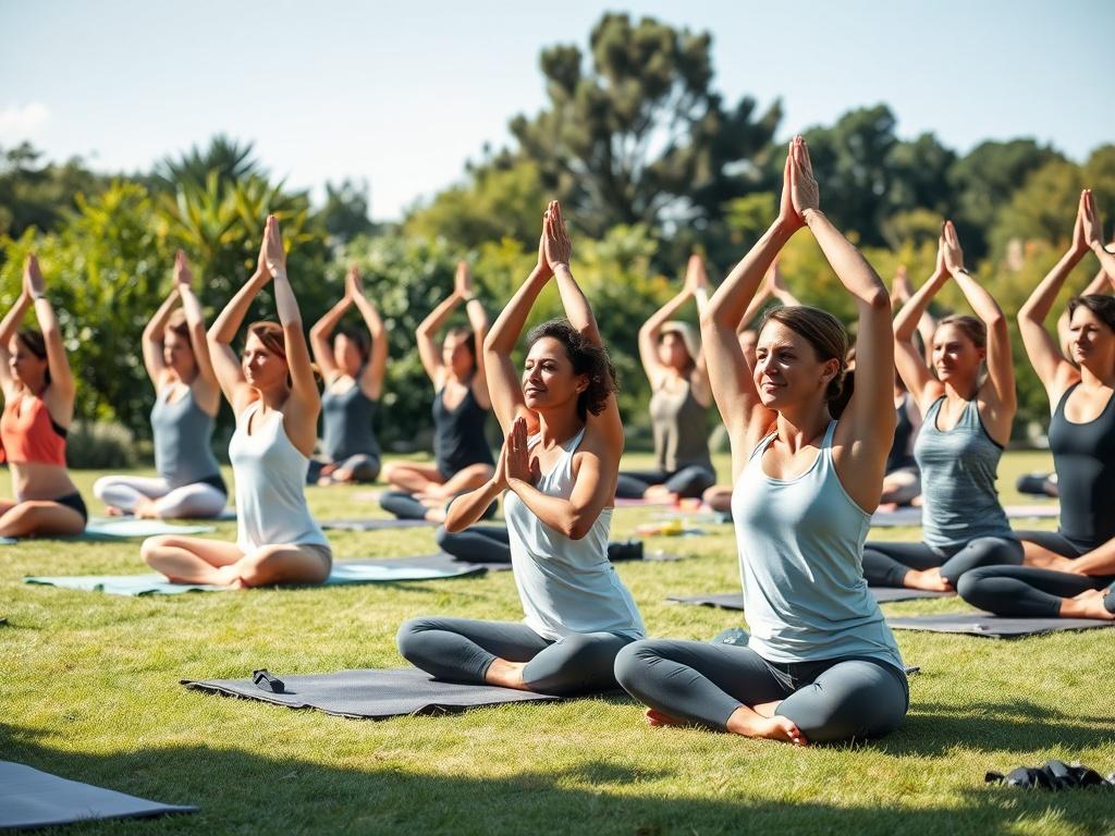 A serene yoga class in an outdoor setting with participants practicing various yoga poses on mats. The focus is on a diverse group of individuals, showcasing a sense of community and inclusivity. Soft sunlight bathes the scene, creating a peaceful ambiance as they engage in their practice. The background features lush greenery and a clear blue sky, emphasizing the connection to nature. Captured in high resolution with a 45mm f/1.2 lens style.