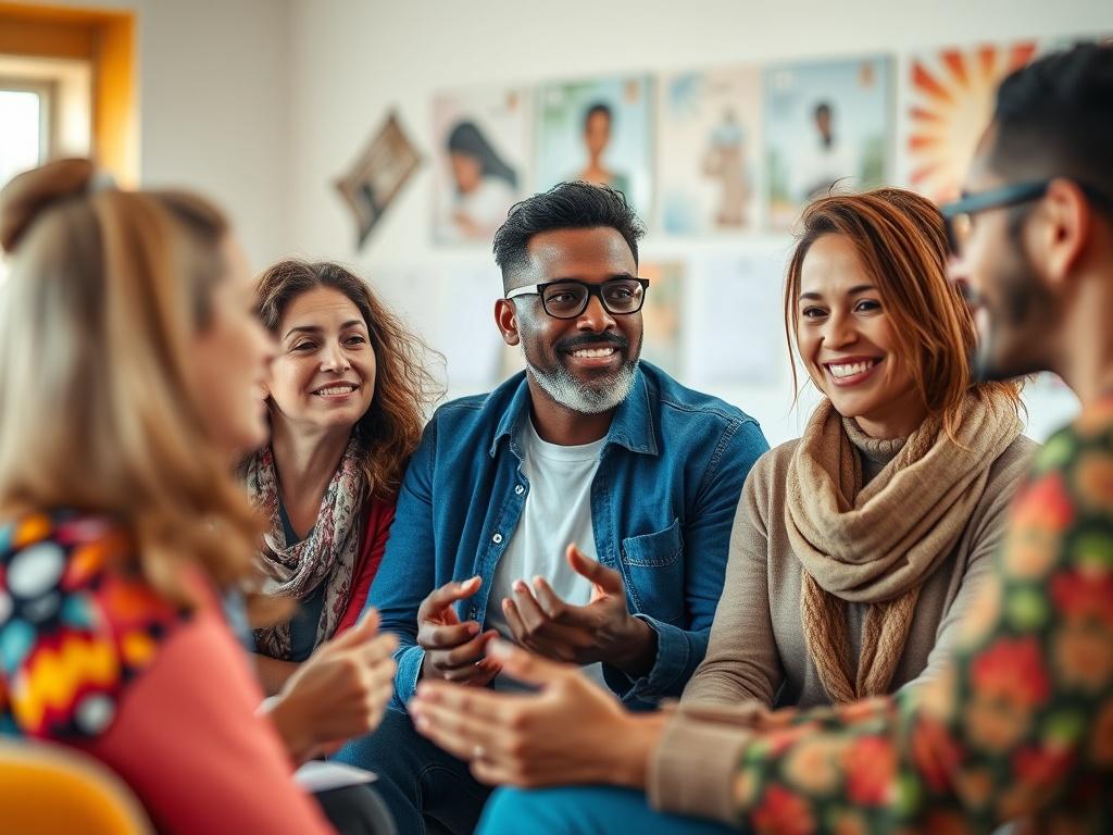 A group of diverse individuals participating in a wellness workshop, sharing ideas and experiences. The setting is bright and lively, with an inviting atmosphere that promotes community bonding and interaction.