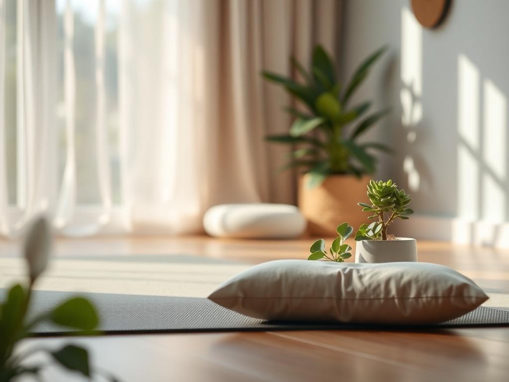 A serene, inviting wellness space with calming colors, featuring a yoga mat, a meditation cushion, and fresh plants. The background shows soft natural light filtering through a window, creating a peaceful atmosphere that reflects a holistic wellness environment.