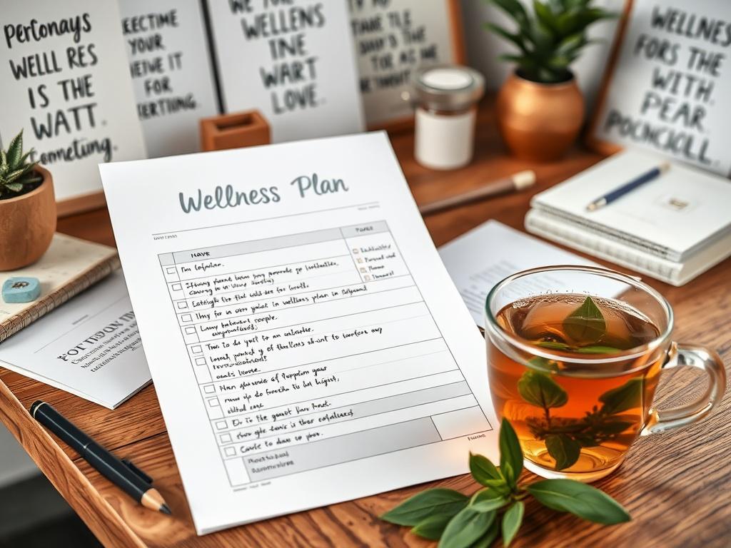 A close-up of a personalized wellness plan document with handwritten notes and a refreshing herbal tea on the side. The background includes a cozy workspace with motivational quotes and wellness materials, creating an inspiring atmosphere.
