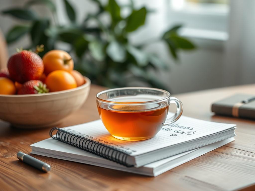 A close-up shot of a wellness plan notebook with handwritten notes, a calming herbal tea, and a fresh fruit bowl on a wooden table. The background features a soft, blurred indoor plant to create a warm and inviting atmosphere. The focus should be on the notebook and tea, showcasing a sense of organization and health.