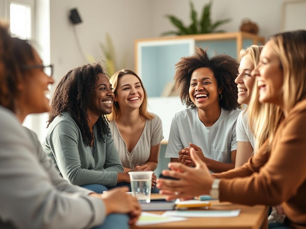 A joyful group of diverse individuals participating in a wellness workshop, laughing and engaging with each other in a bright, inviting space. The focus is on their happy expressions and interactive gestures, with wellness-related materials scattered around them. Soft natural light illuminates the scene, creating an uplifting atmosphere.