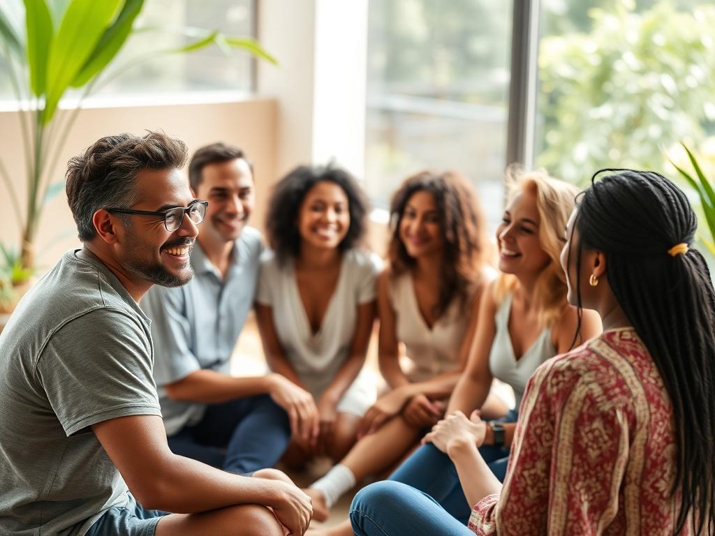 A group of diverse individuals participating in a wellness workshop, sitting in a circle and sharing their thoughts. The atmosphere is warm and inviting, with people smiling and actively listening to each other. Natural light and greenery create a refreshing backdrop that enhances the sense of community.