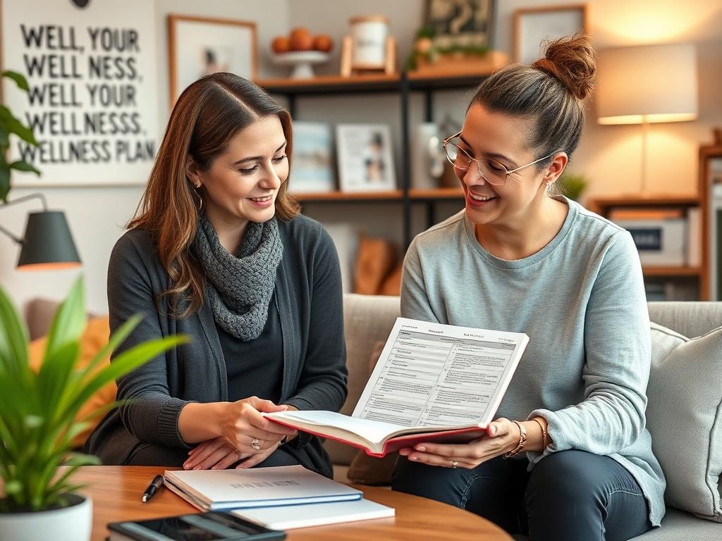 An inviting workspace with a wellness coach and a client discussing a personalized wellness plan. The scene captures a warm interaction, with the coach pointing at a detailed plan on a notebook, while the client looks engaged and inspired. Background elements include motivational quotes and wellness materials.