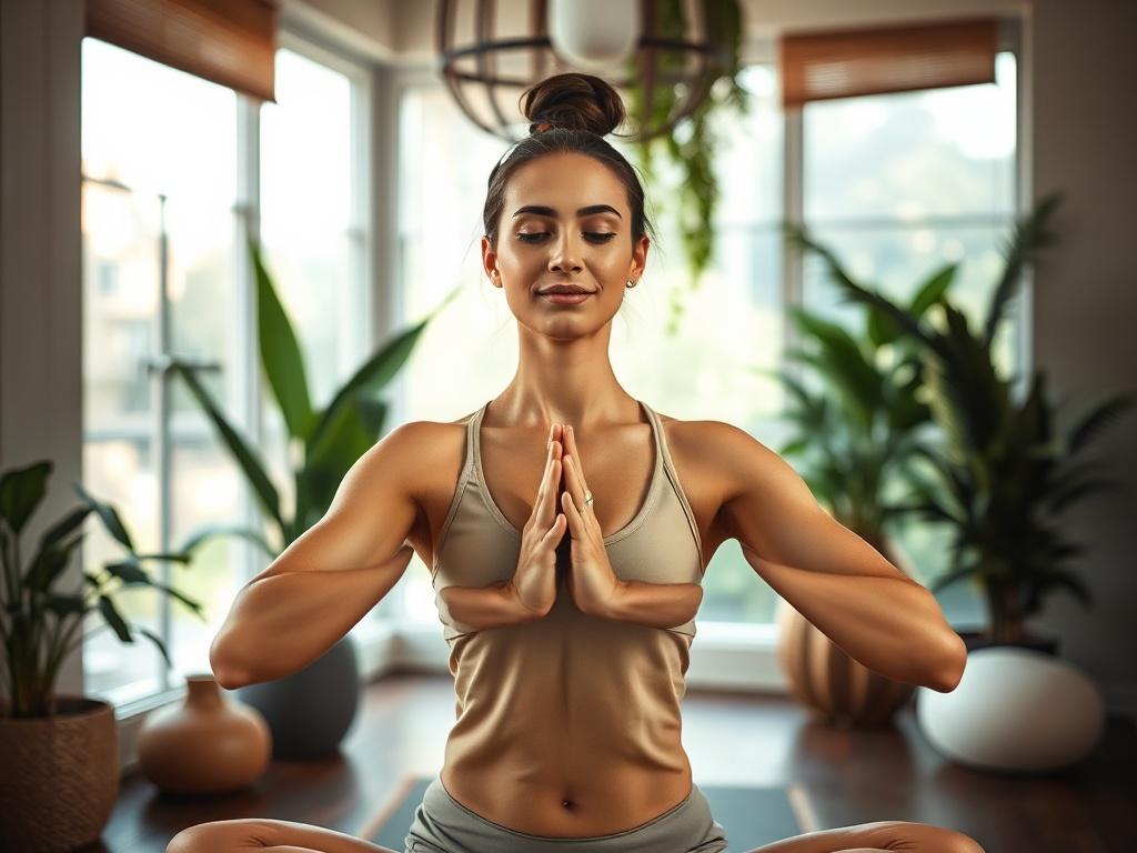 A serene wellness setting featuring a tranquil space with soft natural light filtering through large windows. A person practicing yoga, showcasing a peaceful expression and gentle posture, with plants and soothing decor in the background. The focus is on the individual in the foreground, creating a calming and inviting atmosphere.
