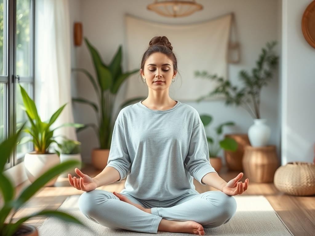 A serene wellness environment featuring a peaceful meditation space with soft natural lighting, plants, and calming decor. The image focuses on a person meditating in a tranquil setting, wearing comfortable clothing and embodying a sense of peace. The background showcases elements of nature, such as flowing water or green foliage, enhancing the calming atmosphere.