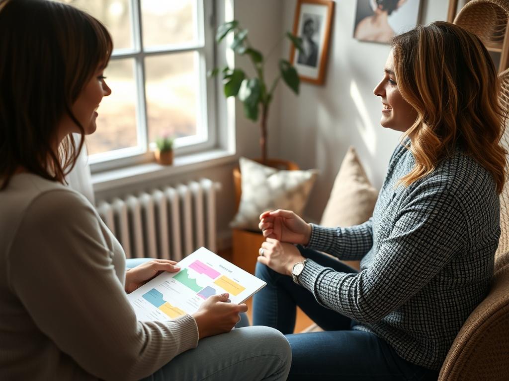 An intimate consultation scene between a wellness coach and a client in a cozy setting. The coach is sitting across from the client, discussing a personalized wellness plan with vibrant charts and notes spread out between them. The atmosphere is welcoming and supportive, with natural light filtering through a window, highlighting the personal connection.