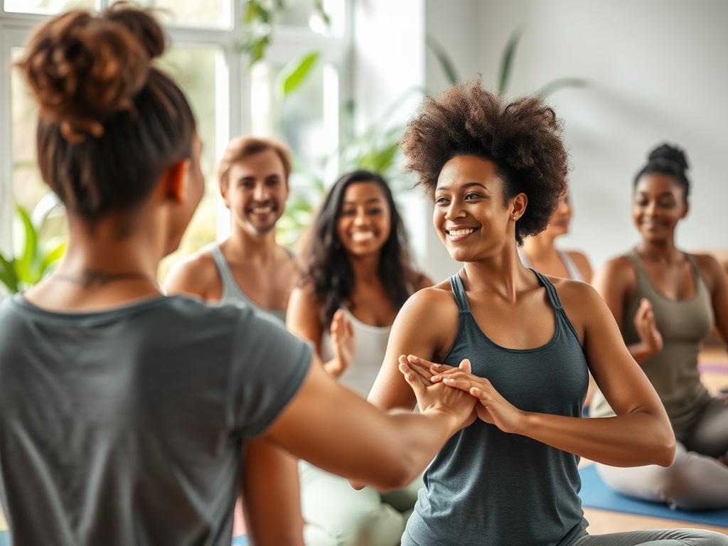 A lively group wellness workshop with participants engaged in a dynamic activity, such as yoga or group discussion. The room is bright and inviting, filled with natural light and plants, showcasing diverse individuals smiling and interacting. The image captures a sense of camaraderie and shared purpose, reflecting the power of community in the wellness journey.