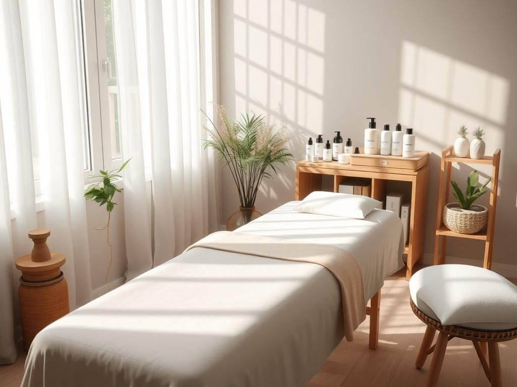 A serene, inviting wellness space featuring a comfortable treatment table surrounded by calming decor. Soft natural light filters through a window, casting gentle shadows. A neatly arranged set of wellness products is displayed on a nearby shelf, emphasizing a focus on healing and recovery. The overall atmosphere exudes tranquility and care, creating a perfect environment for post-surgical recovery treatments.