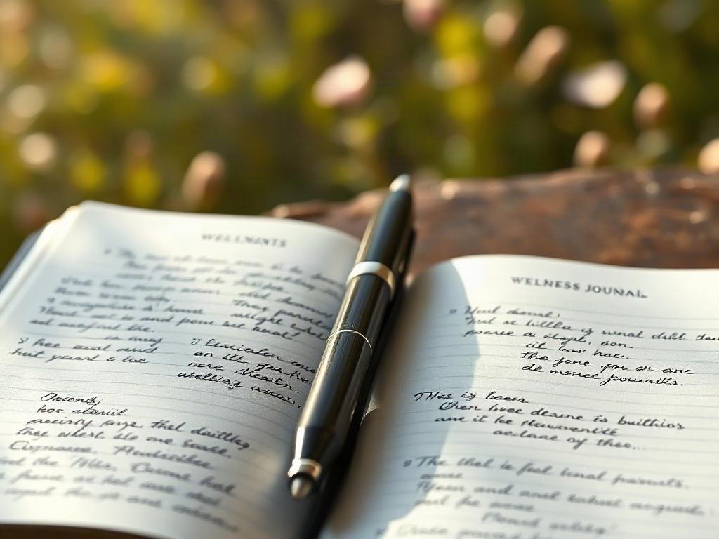 A close-up shot of an open wellness journal with handwritten notes and a pen resting on top. The background features a soft, blurred scene of nature, adding a touch of tranquility. The journal’s pages should be visible, showcasing elegant designs and prompts, captured with a 45mm f/1.2 lens.