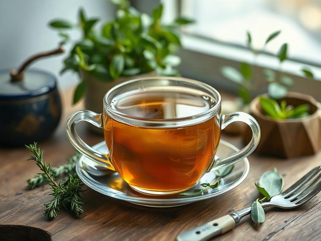 A close-up of a steaming cup of herbal tea placed on a rustic wooden table, surrounded by fresh herbs and tea leaves. The composition should include a soft focus on the background with hints of green plants, giving a cozy and inviting feel. Shot with a 45mm f/1.2 lens.