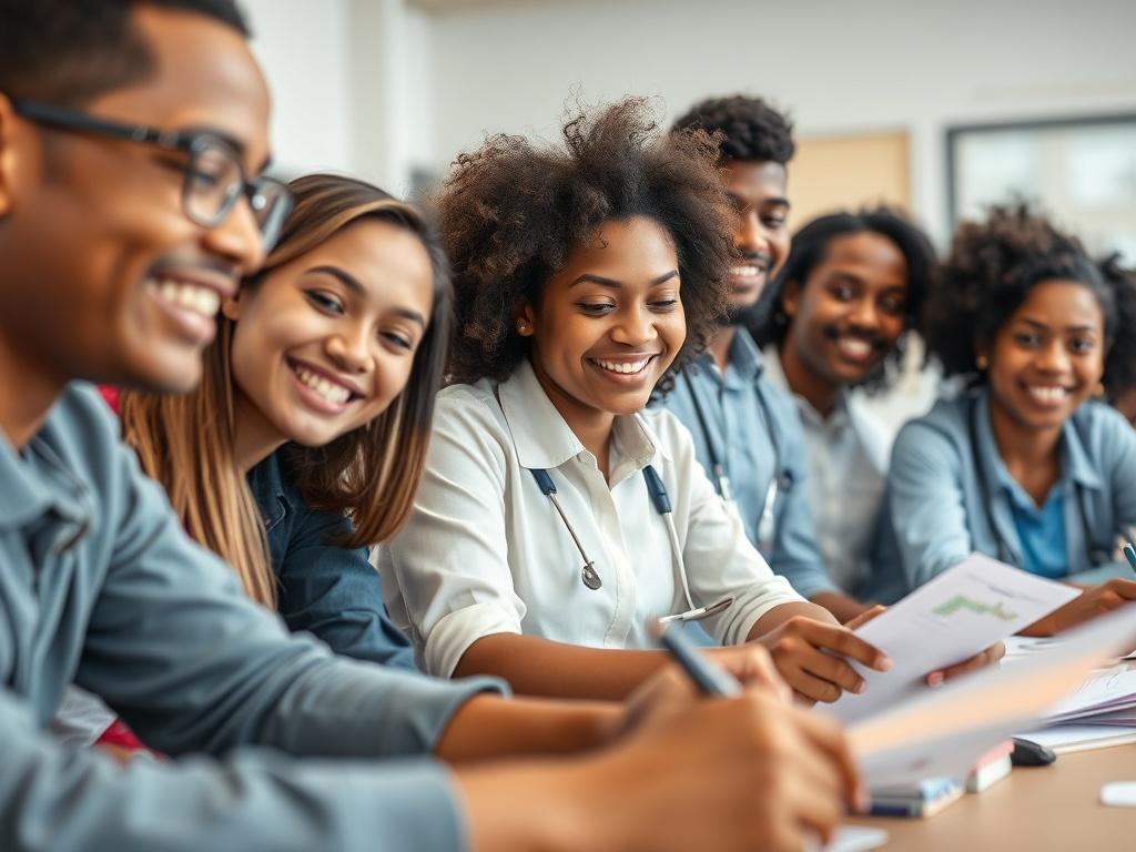 A high-resolution close-up shot of a diverse group of enthusiastic young individuals engaged in a career exploration workshop. They are smiling and focused, surrounded by materials related to various professions. The background is a bright and inviting space, emphasizing a sense of community and support. The image should have a soft blur to draw attention to the faces of the participants, captured with a 45mm f/1.2 lens style.