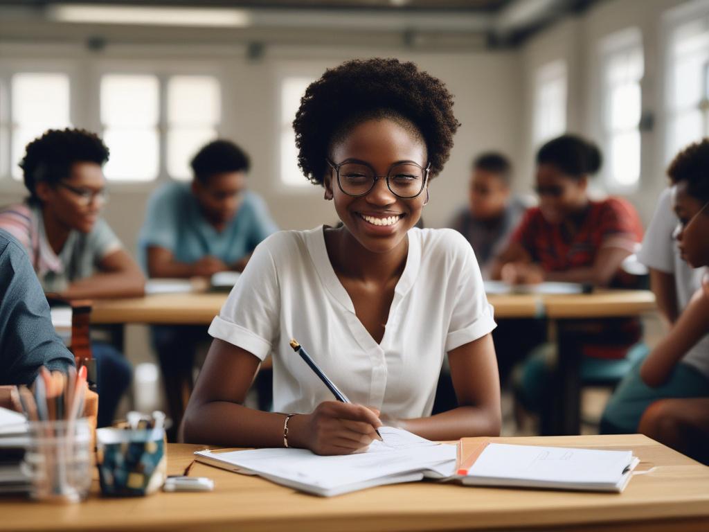 A young Nigerian woman engaged in a lively workshop, smiling