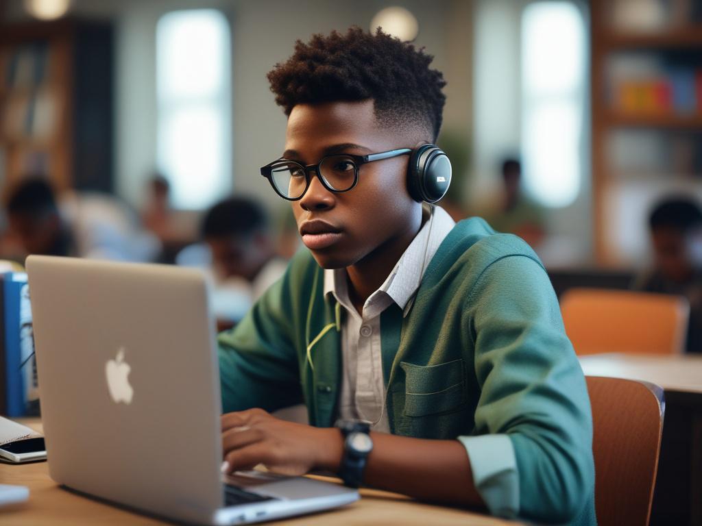 A young Nigerian male student working on a laptop, deeply