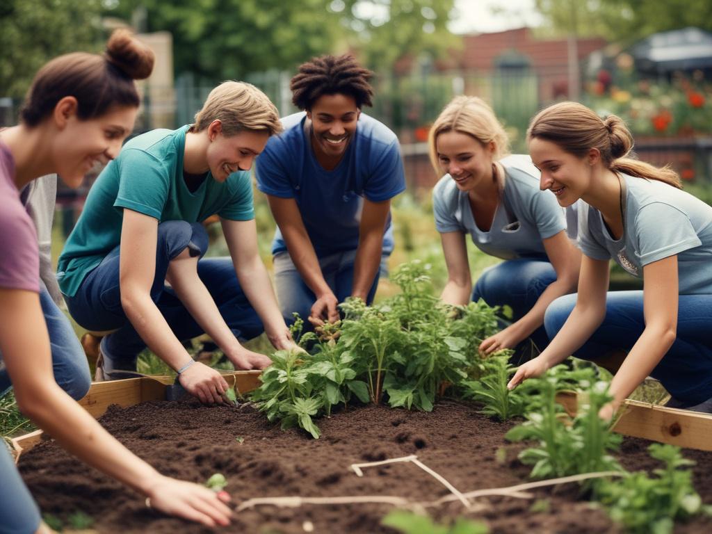 A group of diverse young volunteers working together on a