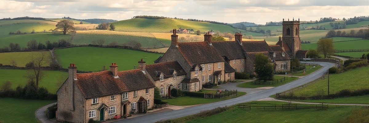Picturesque English village landscape with rolling hills and countryside