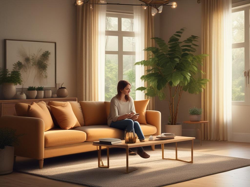 A cozy living room setting with warm, golden hues. A compassionate peer support sitter sitting on a comfortable couch, gently listening to a client who appears vulnerable yet hopeful. Soft lighting creates a serene atmosphere, with plants and comforting decor in the background.