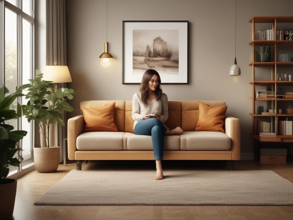 A cozy, inviting space with warm golden hues, featuring a person sitting comfortably on a sofa, holding a phone and smiling, in a serene atmosphere with soft lighting, emphasizing connection and support.